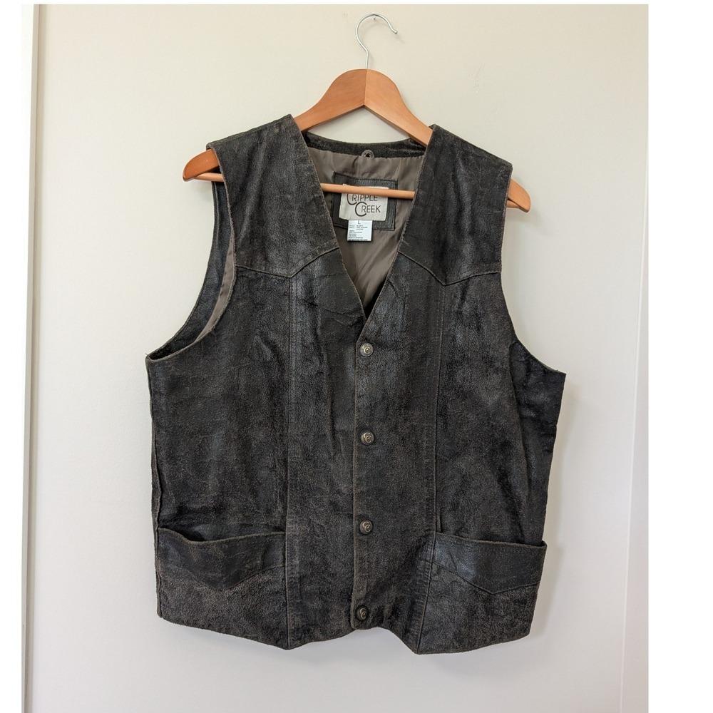 Vintage Cripple Creek Mens Brown Leather Western Vest Distressed Large